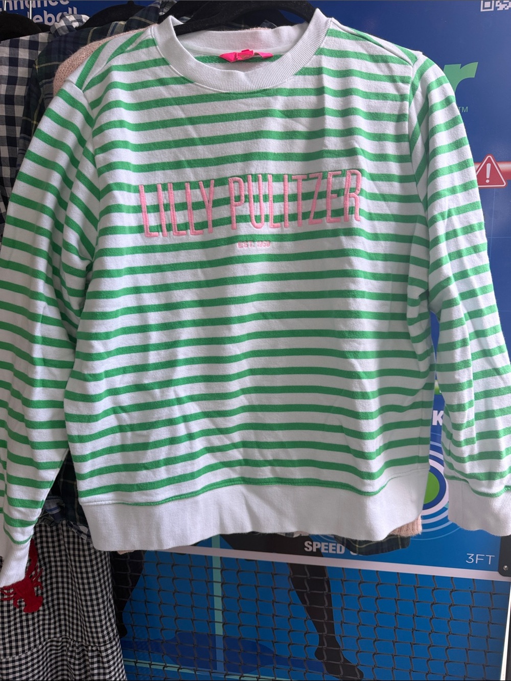 Lilly Pulitzer Green and White Striped Crewneck with Pink Logo